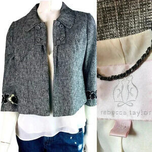 Rebecca Taylor Size 6 Cropped Black Tweed Embellished Blazer